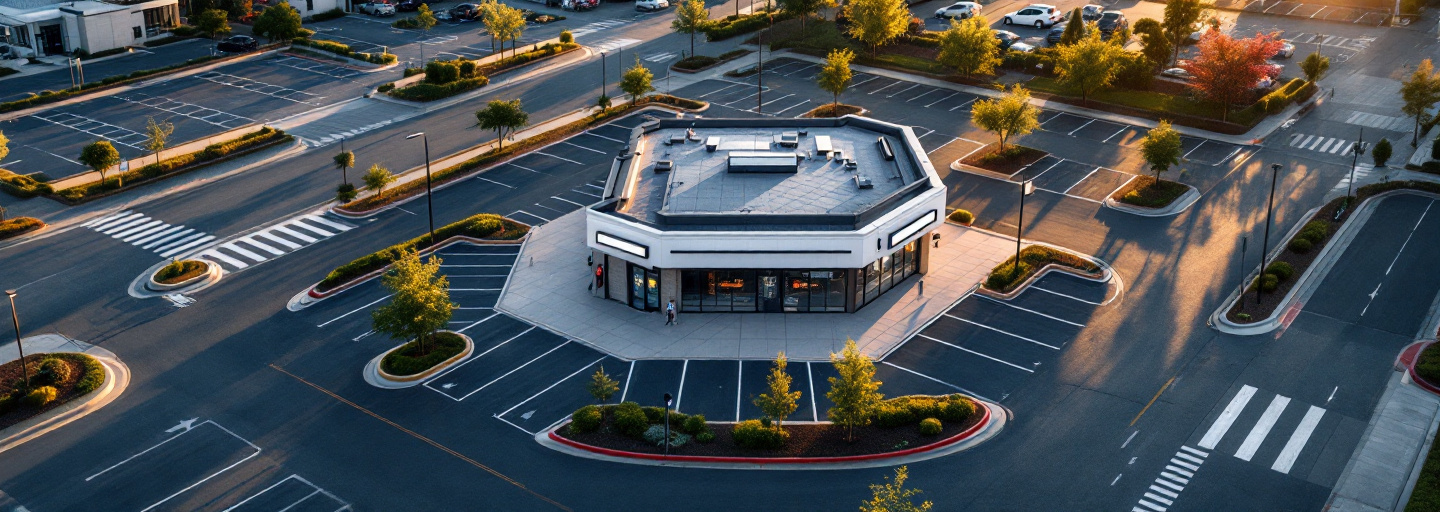 Aerial view of a single-tenant net-lease pad site at golden hour — a freestanding building with rooftop HVAC units, parking, drive aisle, and landscaped islands.